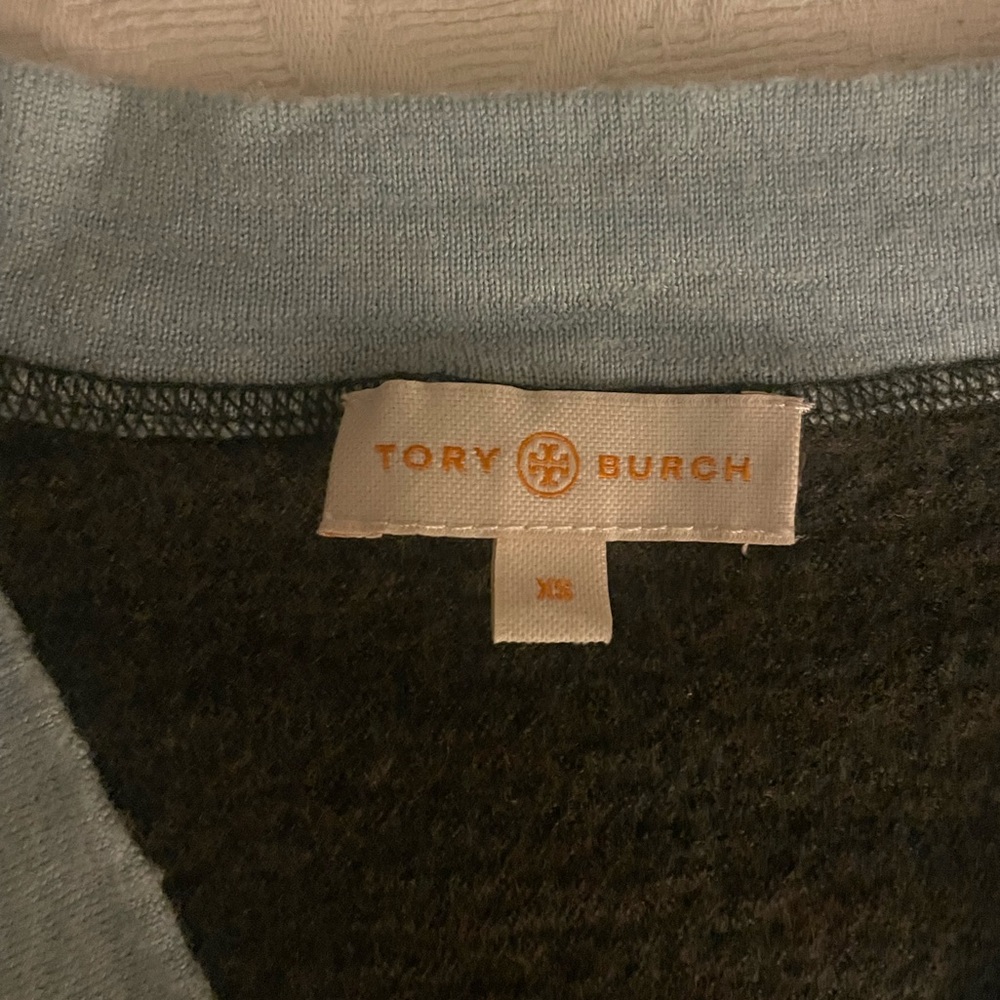 Tory Burch Sweater- Olive Green with light blue trim and logo buttons XS - Picture 2 of 5